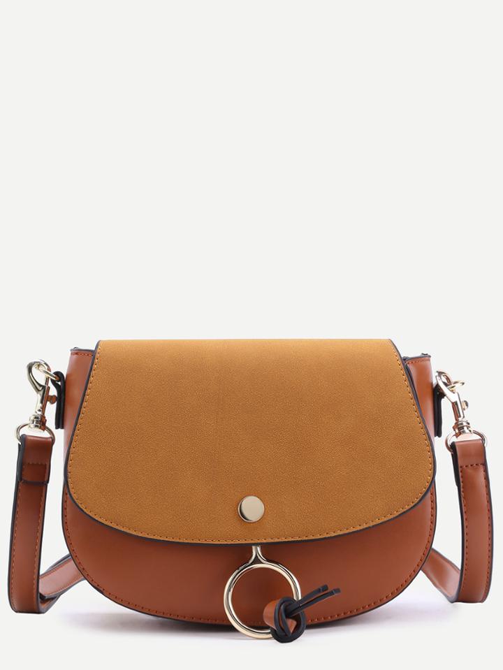 Romwe Brown Faux Leather Metal Ring Flap Saddle Bag