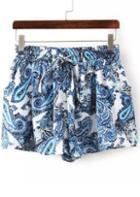 Romwe Blue Drawstring Waist Totems Print Shorts