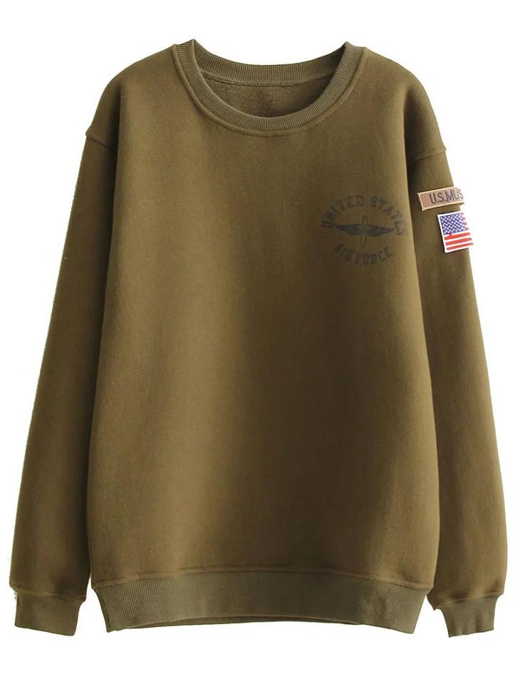 Romwe Army Green Printed Sweatshirt With Patch Detail