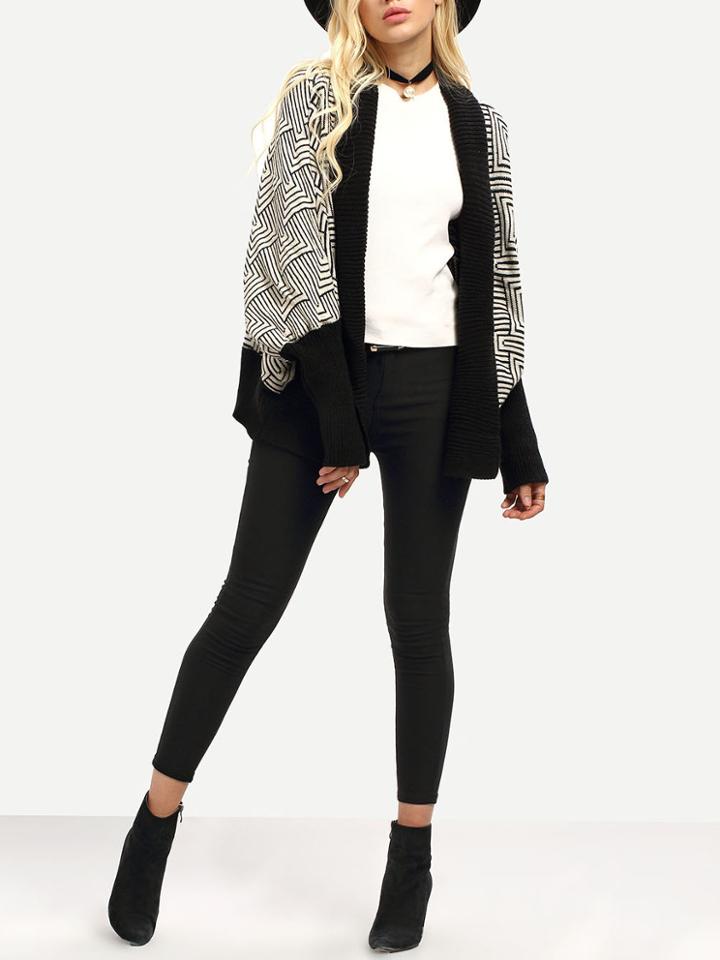 Romwe Black White Geometric Print Dolman Cardigan