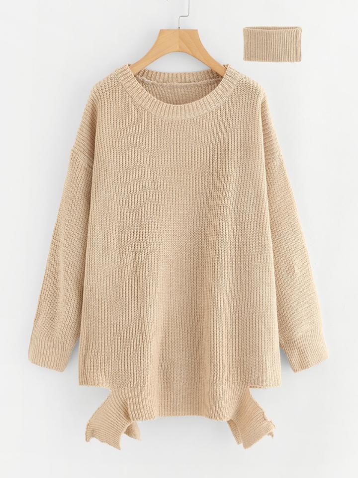 Romwe Drop Shoulder Ripped Hem Sweater With Choker