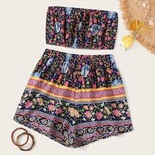 Romwe Ditsy Floral Print Bandeau & Shorts