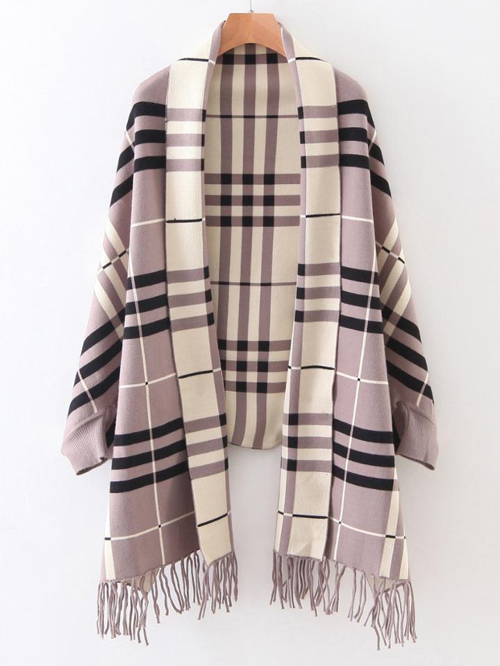 Romwe Khaki Plaid Shawl Collar Fringe Detail Poncho Sweater