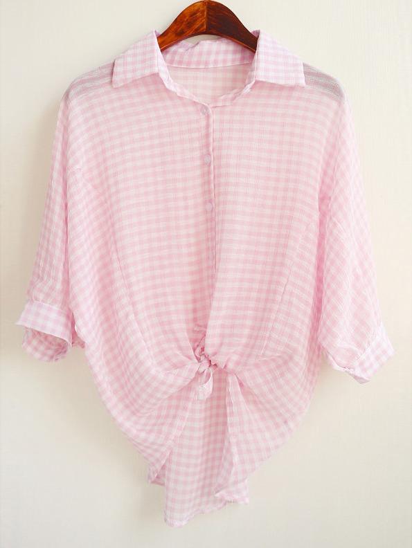 Romwe Pink Lapel Plaid Loose Chiffon Blouse