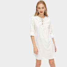 Romwe Lace-up Neck Roll Up Sleeve Dress