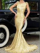 Romwe Gold Glitter Backless Fishtail Dress
