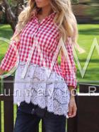 Romwe Red White Plaid Lace Hem Blouse