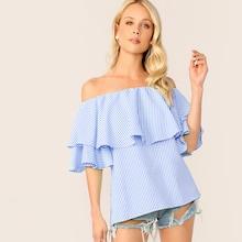 Romwe Flounce Foldover Off Shoulder Striped Top