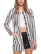 Romwe Vertical Striped Pockets Buttons Long Coat