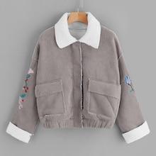 Romwe Raw Edge Embroidered Cord Jacket With Borg Collar