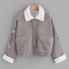 Romwe Raw Edge Embroidered Cord Jacket With Borg Collar
