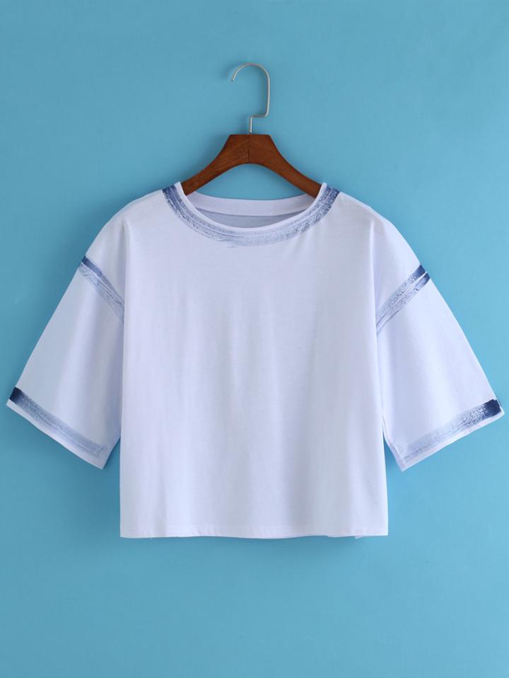 Romwe Blue Striped-trim Crop T-shirt