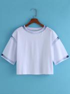 Romwe Blue Striped-trim Crop T-shirt
