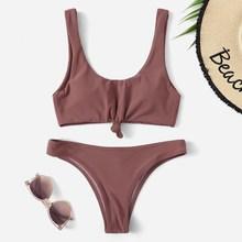 Romwe Knot Front Top With Low Rise Bikini Set