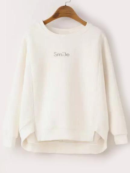 Romwe Dip Hem Letter Embroidered White Sweatshirt