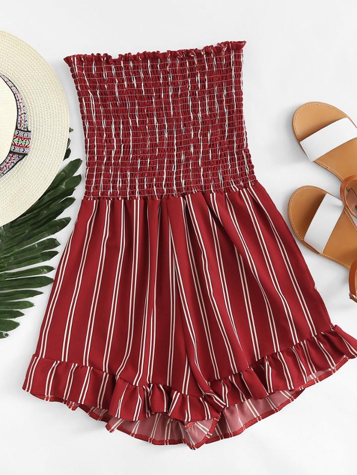Romwe Ruffle Hem Pleated Tube Romper