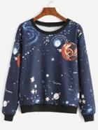 Romwe Navy Contrast Trim Galaxy Print Sweatshirt