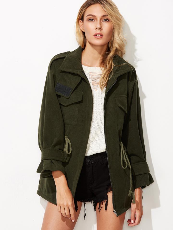 Romwe Army Green Drop Shoulder Drawstring Waist Velcro Detail Coat
