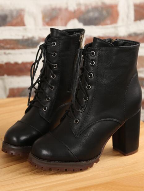 Romwe Black Lace Up Pu High Heeled Boots