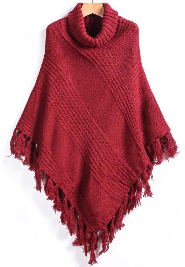 Romwe High Neck Tassel Knit Cape
