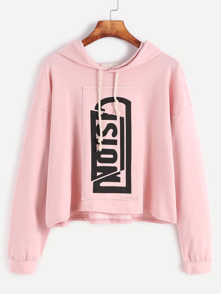 Romwe Pink Print Patch Dropped Shoulder Seam Drawstring Hooded Sweatshirt