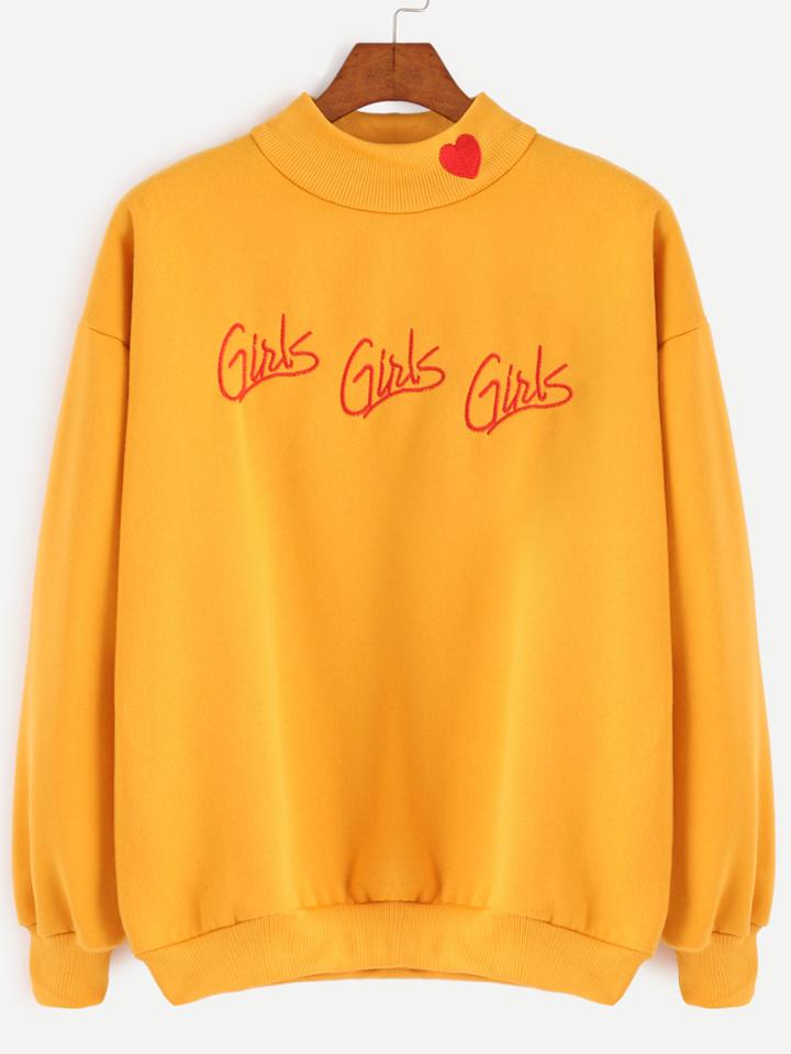 Romwe Ginger High Neck Drop Shoulder Embroidered Sweatshirt