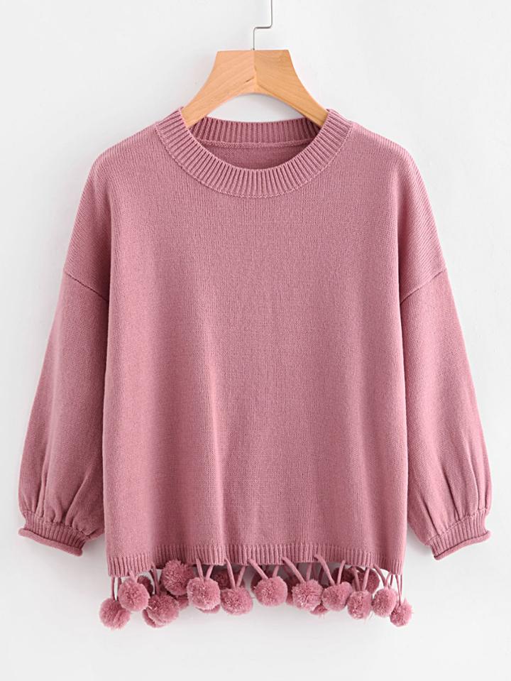 Romwe Lantern Sleeve Pom Pom Trim Jumper