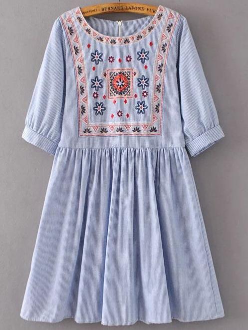 Romwe Blue Striped Embroidery Half Sleeve A Line Dress