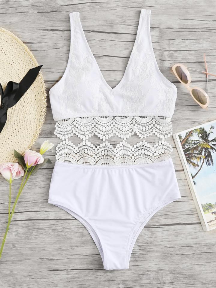 Romwe Lace Crochet Contrast Bikini Set