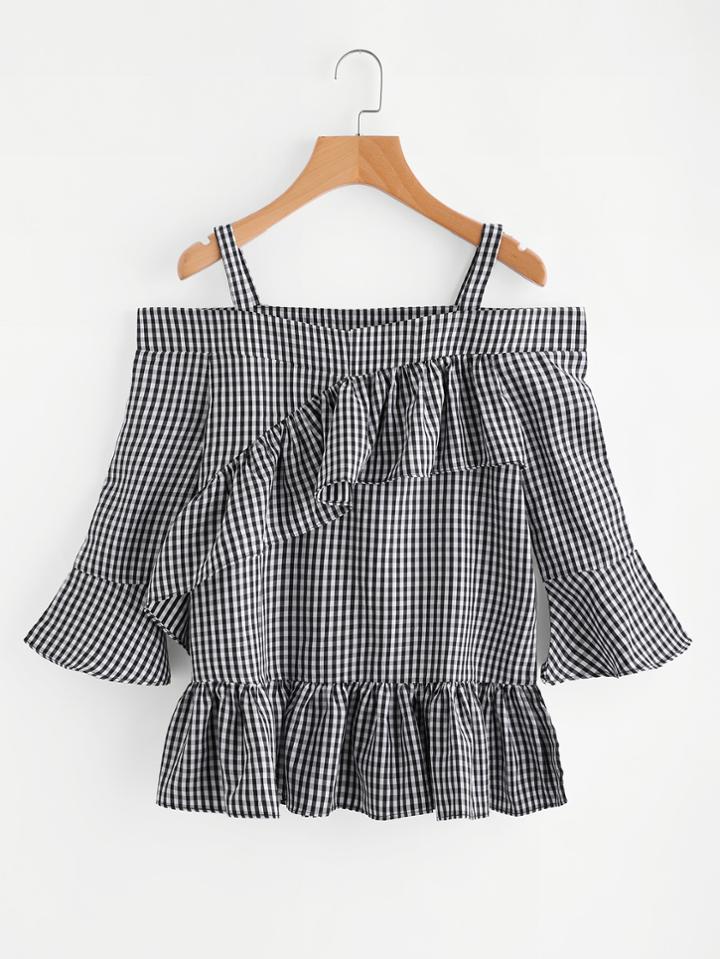 Romwe Gingham Top With Exaggerated Frill