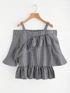 Romwe Gingham Top With Exaggerated Frill
