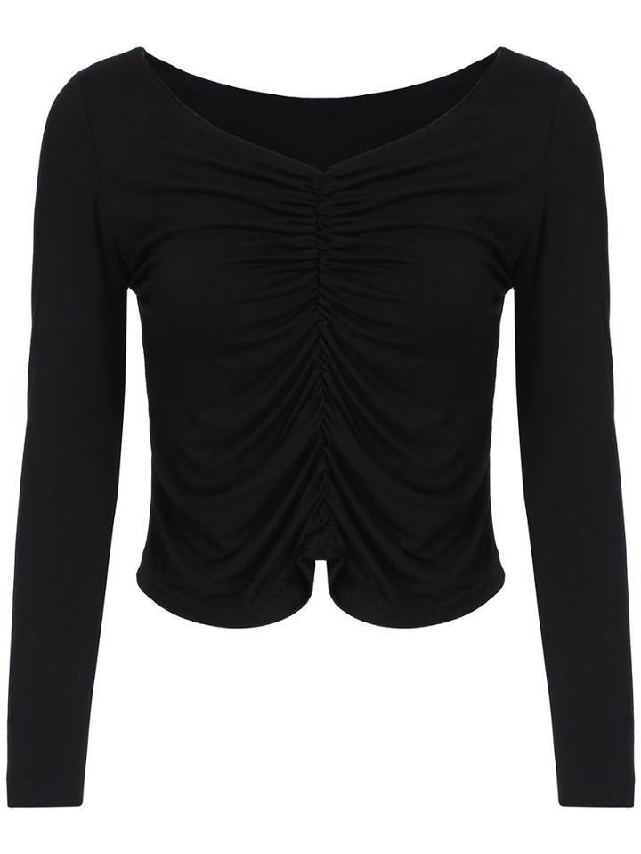 Romwe V Neck Folds Crop Black T-shirt