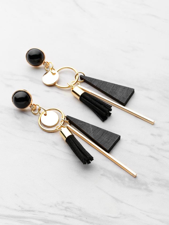 Romwe Triangle And Tassel Detail Drop Earrings With Gemstone