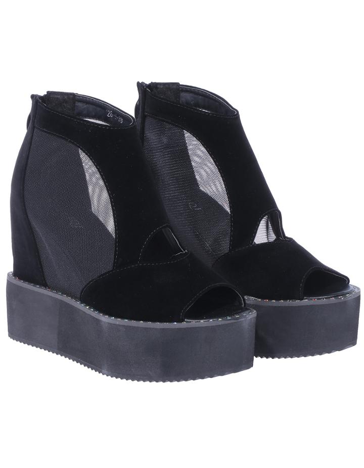 Romwe Black Zipper Platform Pierced Peep Toe Boots