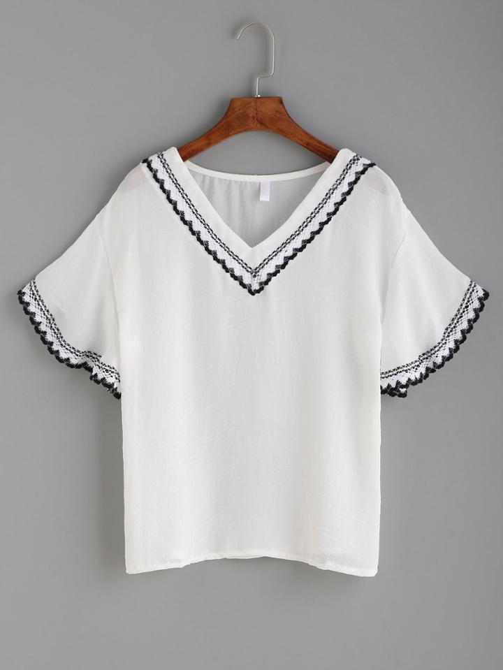 Romwe White Crochet Trim Drop Shoulder Top