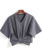 Romwe V Neck With Bow Crop Grey Blouse