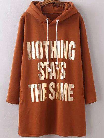 Romwe Hooded Drawstring Letter Print Coffee Sweatshirt Dress