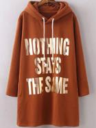 Romwe Hooded Drawstring Letter Print Coffee Sweatshirt Dress