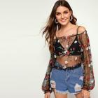 Romwe Floral Embroidery Mesh Sheer Crop Blouse