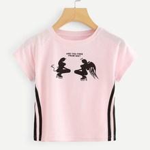 Romwe Striped Tape Side Graphic Print Tee