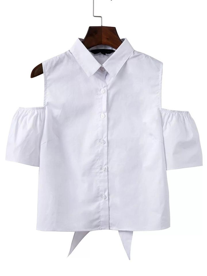 Romwe White Cold Shoulder Open Back Blouse With Tie