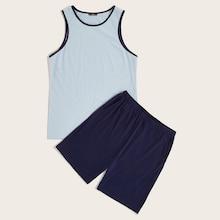 Romwe Guys Contrast Binding Tank Top & Shorts Pj Set