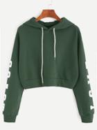 Romwe Green Letter Print Drawstring Hooded Crop Sweatshirt