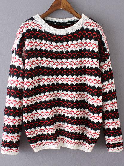 Romwe Striped Jacquard Red Sweater