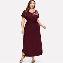 Romwe Plus Tie Waist Embroidered Applique Dress