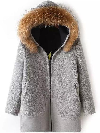 Romwe Hooded Zipper Faux Fur Coat With Pockets