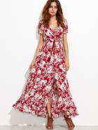 Romwe Burgundy Floral Self Tie Fringe Split Dress