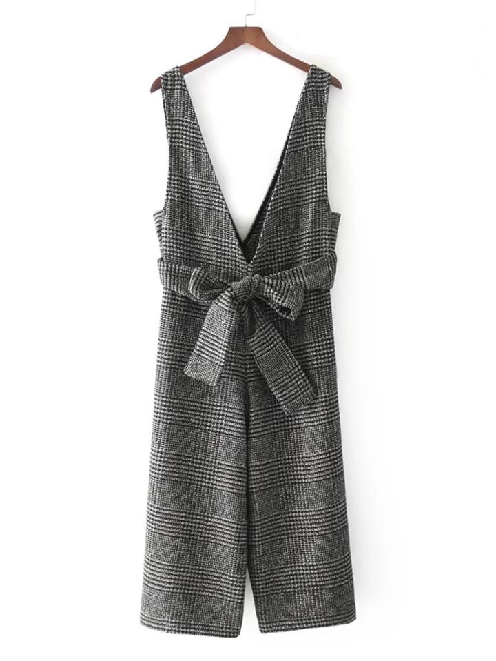 Romwe Self Tie Glen Plaid Jumpsuit