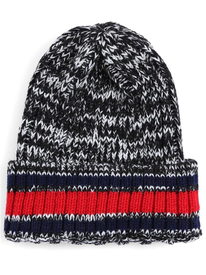 Romwe Striped-trim Knit Black Hat