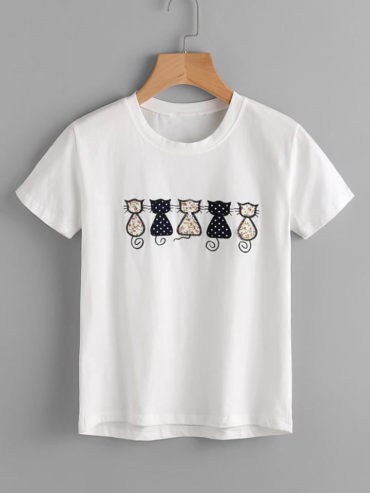 Romwe Cat Embroidered Tee